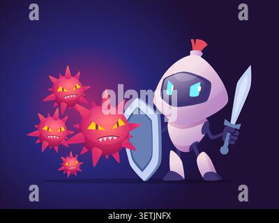 Cyber Guardian. Vector robot knight with sword and shield facing dangerous virus threats in digital security concept Stock Vector
