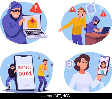Cyber Security. Modern vector cybercrime scenes with hackers alerts mobile protection and digital safety concepts exact collection Stock Vector
