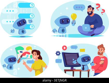 Chat Bots. Friendly vector chatbot scenes with robots mobile messaging and ai support assistants in modern exact design Stock Vector