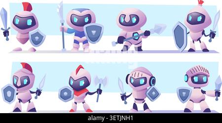 Security Robot. Vector cartoon bot with lock shield armor and sword in futuristic exact cybersecurity mascot style Stock Vector