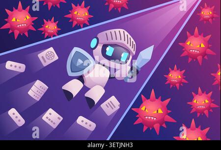 Robot Guardian. Vector background with cute security robot knight holding shield and sword for cyber defense exact illustration Stock Vector