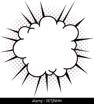 Comic cloud frame with sharp black starburst spikes and blank center over purple halftone background. Retro pop art vector speech bubble sticker for Stock Vector