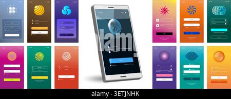 Mobile Login. Colorful vector app login screens with smartphone UI forms buttons and modern interface layouts recent collection Stock Vector
