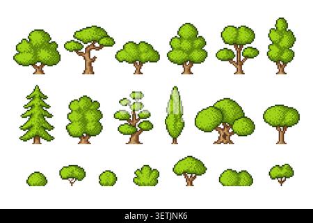Pixel game tree elements. Pixelated bush and trees, 8 bit style icons. Arcade game objects for nature landscape. Different plants, retro computer play Stock Vector