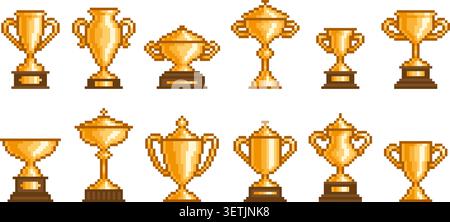 Pixel art golden cups. Arcade retro game winner cup, gold trophy. Video play vintage 8-bit assets. Champion, leader award, win trophies, tidy vector Stock Vector