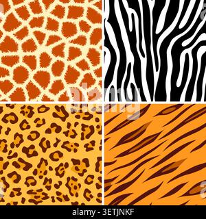 Four seamless tiling animal print giraffe, zebra, tiger and leopard, vector illustration Stock Vector