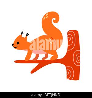 Cute squirrel on tree branch in minimalist scandinavian style, flat doodle forest animal character for baby nursery, print and kid book Stock Vector