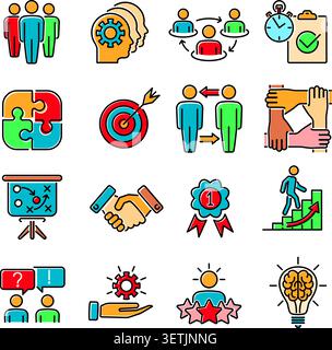 Teamwork or collaboration colored line icons set with team, goal, puzzle and brain. concept team work. isolated vector illustration Stock Vector
