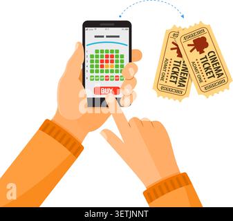Concepts online cinema ticket order Man holding smartphone vertically in hand and touching buy app, isolated vector flat icon illustration Stock Vector