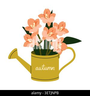 Autumn Flowers Vector Illustration Flat Geometric Watering Can Isolated Stock Vector