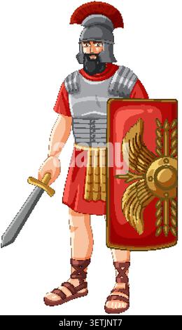 Full body vector illustration of a Roman soldier in armor on a white background Stock Vector