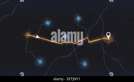 Futuristic city map with glowing orange navigation route and location markers. Vector illustration. Stock Vector