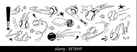 Vector doodle baseball or softball trajectory bounce with motion line effects. Hand drawn sport ball and bat outline black icons with flying, bouncing and spinning movement. Sketch playing equipment Stock Vector