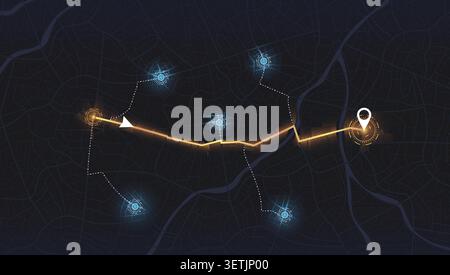 Futuristic city map with glowing orange navigation route and location markers. Vector illustration. Stock Vector