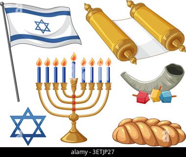 Vector illustration of Jewish cultural items including menorah, torah scroll, flag, and challah bread Stock Vector