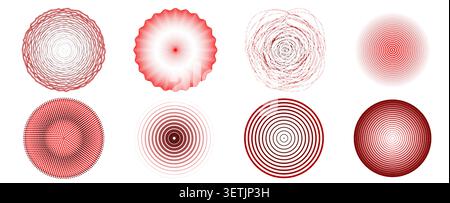 Red concentric circles with ripple effect and radial waves, abstract vector signal icons isolated on white background. Dynamic circular pattern of target, radar, sound, earthquake or vibrant energy Stock Vector