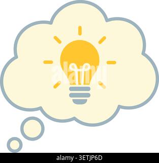 Flat illustration of a cream cloud shaped thought bubble containing a yellow light bulb and small trailing circles Stock Vector
