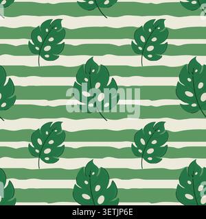 Green monstera leaf seamless pattern. Vector hand drawn tropical foliage pattern. Summer botanical leaf beach design on green and cream striped Stock Vector