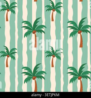 Retro Palm Tree Vector Seamless Pattern. Flat hand drawn palm tropical trees on striped background. Hawaiian beach pattern for summer vintage print Stock Vector