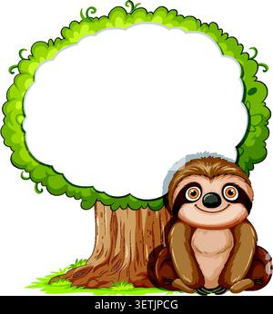 Cute sloth illustration beside leafy tree, blank space for text, bright colors, vector style Stock Vector