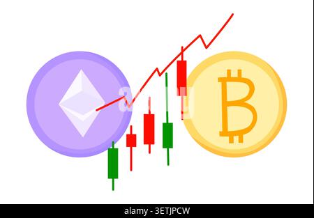 Bitcoin and Ethereum growth chart illustration for fintech ads, blogs, trading apps Stock Vector