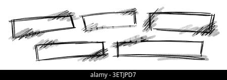 Set of five rough hand drawn rectangle frames in black ink on a white background, useful as sketch banners, labels, borders or design elements. Stock Vector