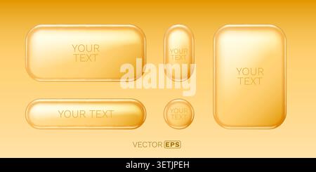 Shiny golden buttons and frames set. Glossy 3D UI elements with empty space for text. Vector illustration. Stock Vector