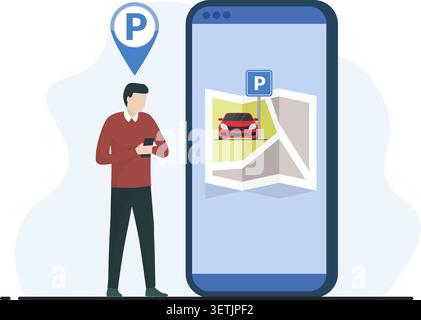 A man uses a smartphone map application to locate available parking spaces for a car in a city or urban parking lot. Stock Illustration. Stock Vector