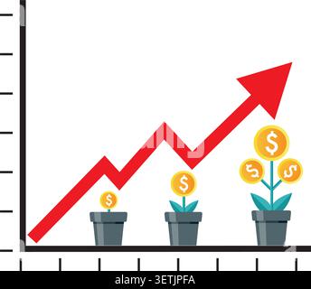 A conceptual illustration featuring a red upward arrow and potted plants growing gold coins to symbolize investment ROI. Stock Vector