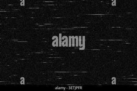 Glitch background with white scan lines. Digital noise and static interference on black backdrop. Abstract technology texture. Glitched video distorti Stock Vector