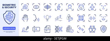 Biometric scan line icon set. Eye recognition, face detection mapping, fingerprint minimal vector illustrations. Outline pictograms for identity Stock Vector