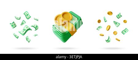 3D money set with stack of banknotes, gold coins and flying paper currency. Financial payment symbol. Wealth, investment, banking concept. Digital ban Stock Vector