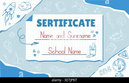 School diploma template for kids and children in kindergarten or primary grades with hand drawn doodle crayon line art elements, science sketch icons on blue background. Child education concept Stock Vector