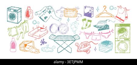 Colorful crayon hand drawing laundry doodle icons. Chalk line art set of basket with clothes, dirty shirts, stain detergents, washing machine, tumble dryer, household, soap bubbles, cleaning supplies Stock Vector