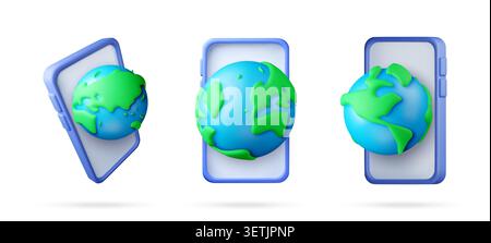 3D set of smartphone with globe. Stock Vector