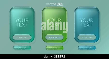 Modern Glossy Transparent UI Elements and Buttons. Customizable blank glass frames in green and blue colors. Vector illustration Stock Vector