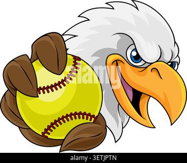 A bald eagle bird softball ball sports team mascot cartoon character holding a ball. Stock Vector
