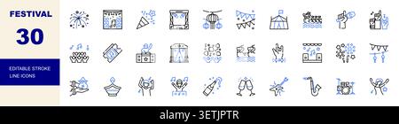 Festival Celebration and Entertainment Line Icons Set Editable Stroke Vector Illustration Stock Vector