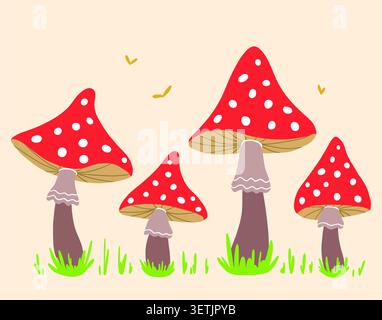 Red amanita mushrooms on green grass background. Stock Vector