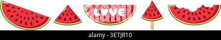 Creative watermelon slice illustration playful summer design with popsicle, carved LOVE text, and juicy fruit art perfect for decor Stock Vector