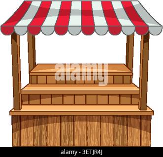 Empty wooden market stall with striped canopy, front view, flat vector illustration, bright colors Stock Vector