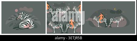 Hand drawn vector abstract graphic modern safari savanna animals print and pattern collection set on color background.Animals wildlife clipart design Stock Vector