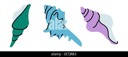 Seashells vector illustration of colorful hand drawn sea shells elements isolated on white background. Cute marine icons collection for summer design Stock Vector