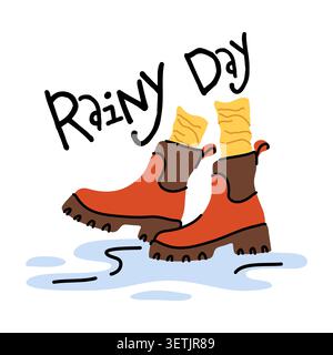 Hand drawn vector illustration of red autumn boots splashing in water puddle. Cute rainy day concept with yellow socks and cozy fall footwear design Stock Vector
