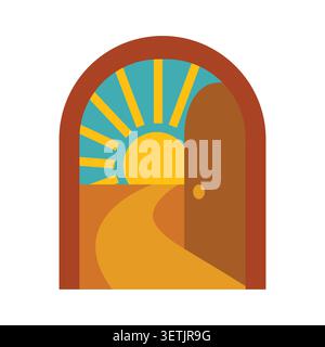Retro Open Arched Doorway with Sunrise and Winding Path Stock Vector