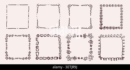 Hand drawn square frames collection. Black borders with doodle scribbles. Funny crayon frame vector set Stock Vector