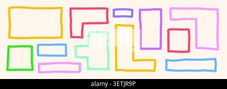 Doodle geometric frames set with wiggly borders. Irregular colorful bento style shapes collection Stock Vector
