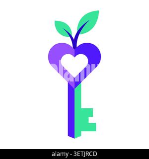 Conceptual Heart Shaped Key with Growing Green Leaves Stock Vector