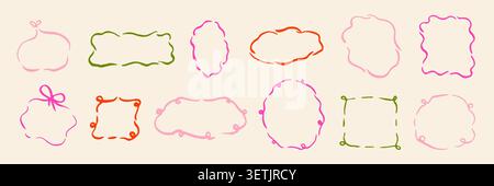 Doodle colorful frames collection with wavy lines, bows and ribbons. Minimalist hand-drawn borders for trendy coquette design. Free hand whimsical dra Stock Vector