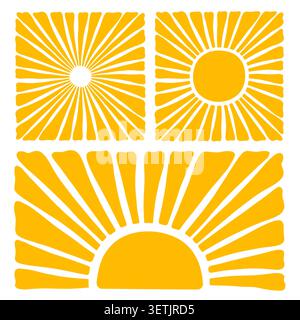 Retro groovy sun background set. Doodle retro hippie style sunburst Stock Vector